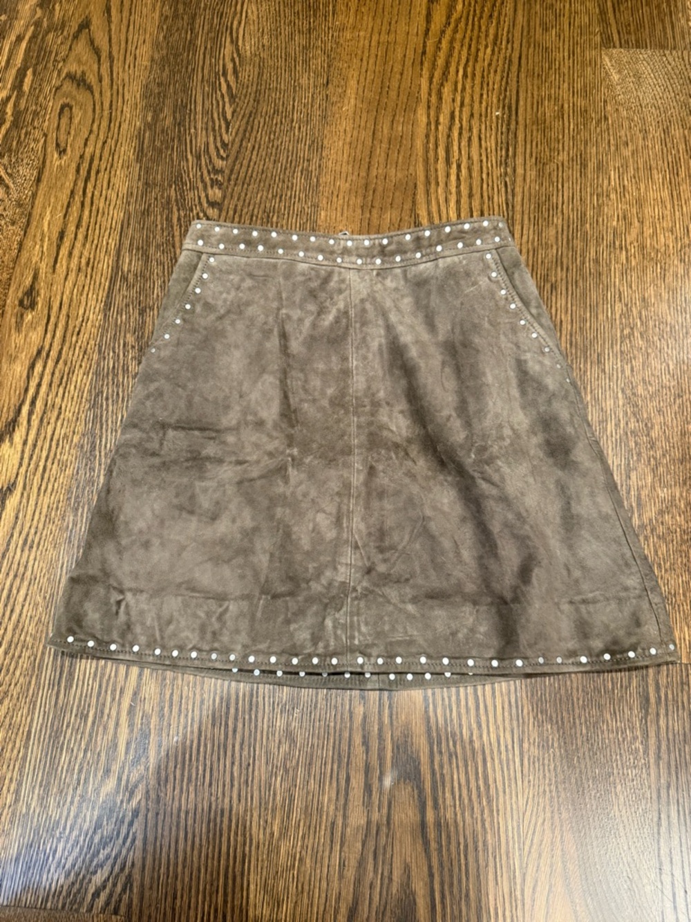 All Saints Camo Suede A-Line Skirt with Stud Details